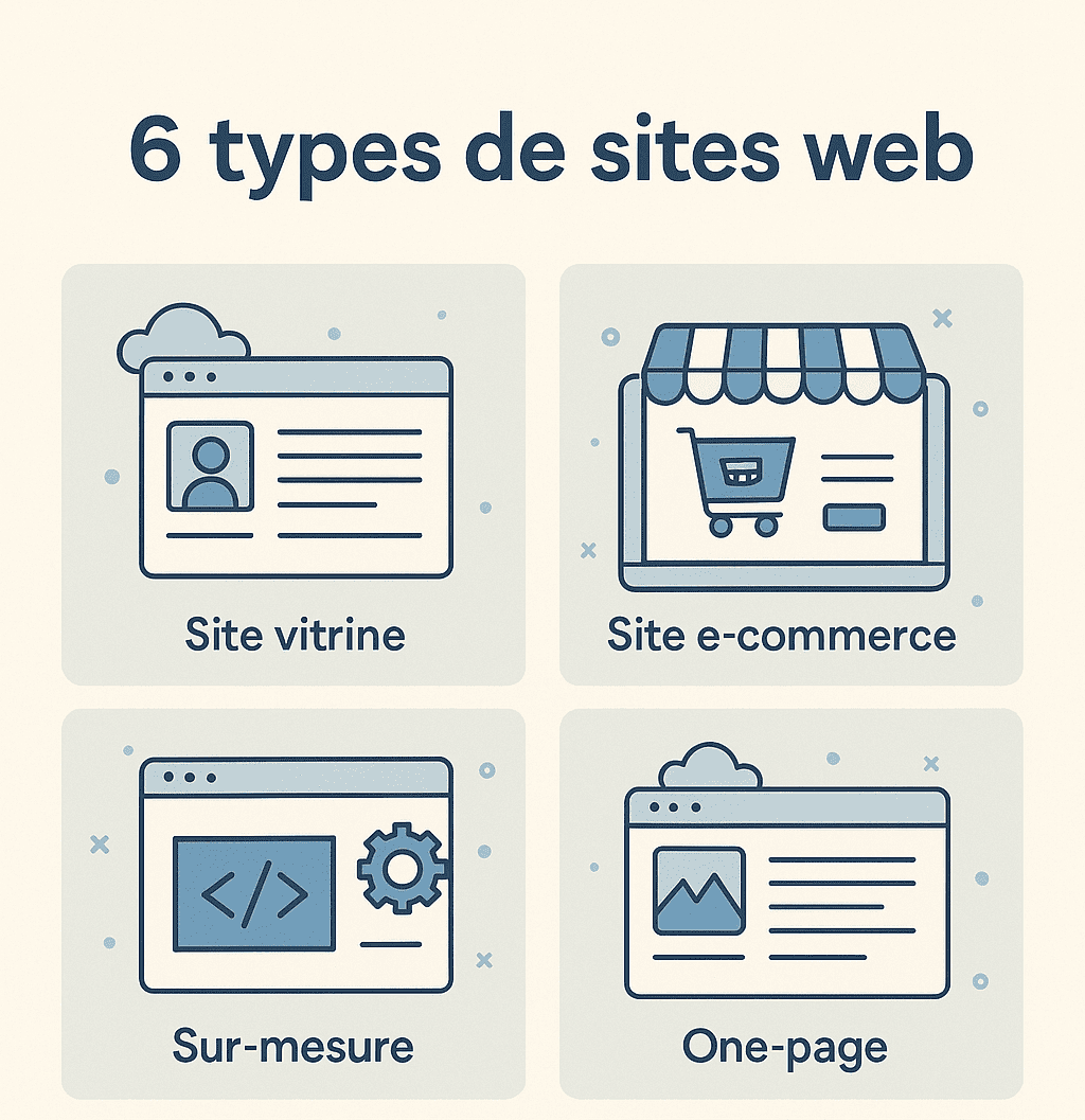 Découvrez en un coup d’œil les 6 principaux types de sites web : vitrine, e-commerce, sur-mesure, one-page, landing page et blog.