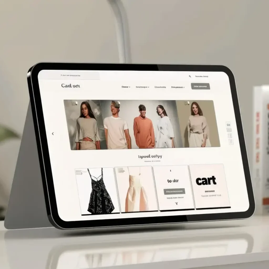 A tablet on a minimalist desk showing an online shopping page with fashion products, discounts, and an "add to cart" button. the desk features minimalistic decor, including books, plants, and a stylish handbag.